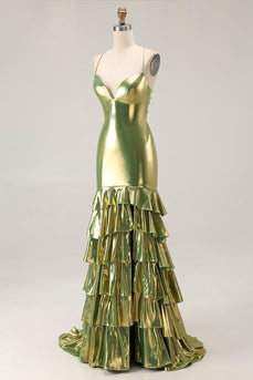 Gold Mermaid Tiered Metallic Long Prom Dress with Ruffles