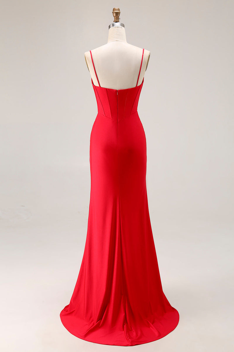 Load image into Gallery viewer, Red Satin Ruched Mermaid Long Corset Prom Dress