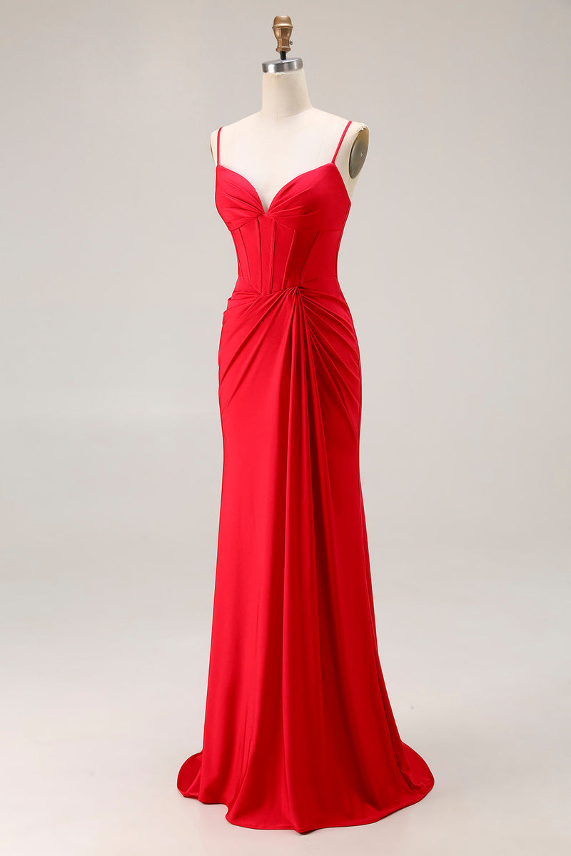 Load image into Gallery viewer, Red Satin Ruched Mermaid Long Corset Prom Dress