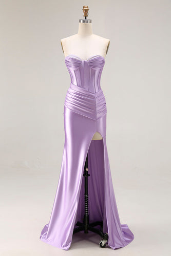 Purple Satin Mermaid Ruched Sweetheart Long Corset Prom Dress with Slit