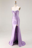 Load image into Gallery viewer, Purple Satin Mermaid Ruched Sweetheart Long Corset Prom Dress with Slit
