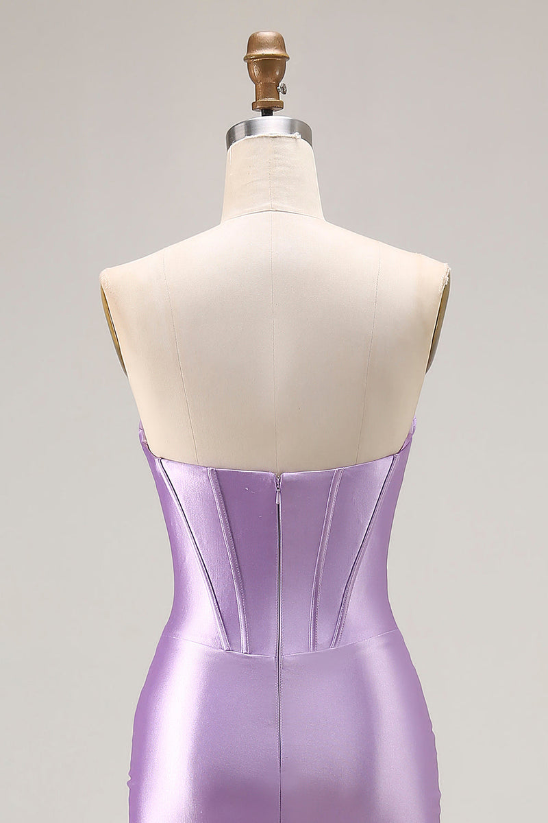 Load image into Gallery viewer, Purple Satin Mermaid Ruched Sweetheart Long Corset Prom Dress with Slit