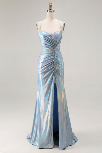 Sparkly Light Blue Metallic Mermaid Ruched Long Prom Dress