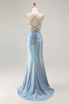 Sparkly Light Blue Metallic Mermaid Ruched Long Prom Dress