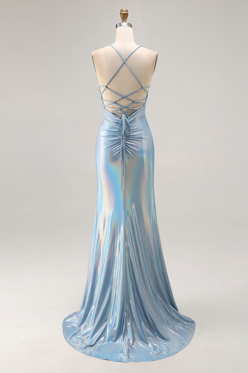 Load image into Gallery viewer, Sparkly Light Blue Metallic Mermaid Ruched Long Prom Dress