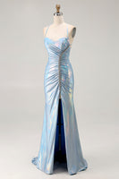 Load image into Gallery viewer, Sparkly Light Blue Metallic Mermaid Ruched Long Prom Dress