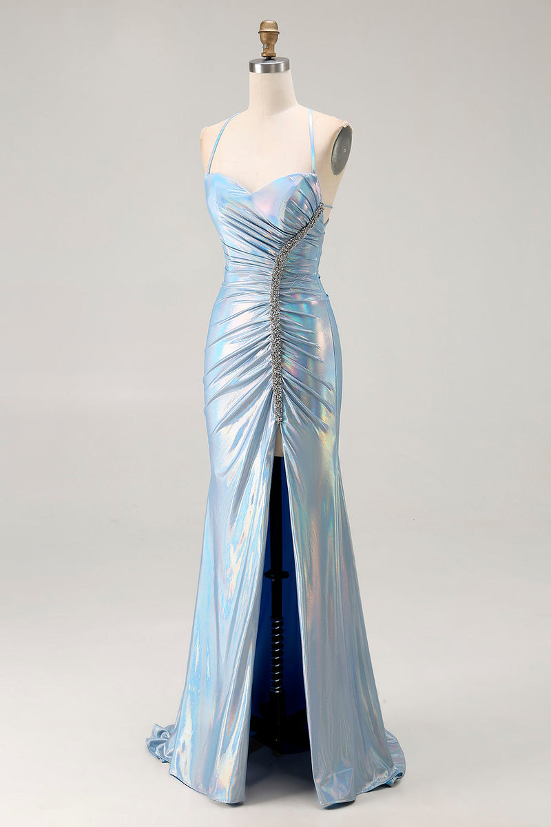 Load image into Gallery viewer, Sparkly Light Blue Metallic Mermaid Ruched Long Prom Dress