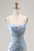 Load image into Gallery viewer, Sparkly Light Blue Metallic Mermaid Ruched Long Prom Dress