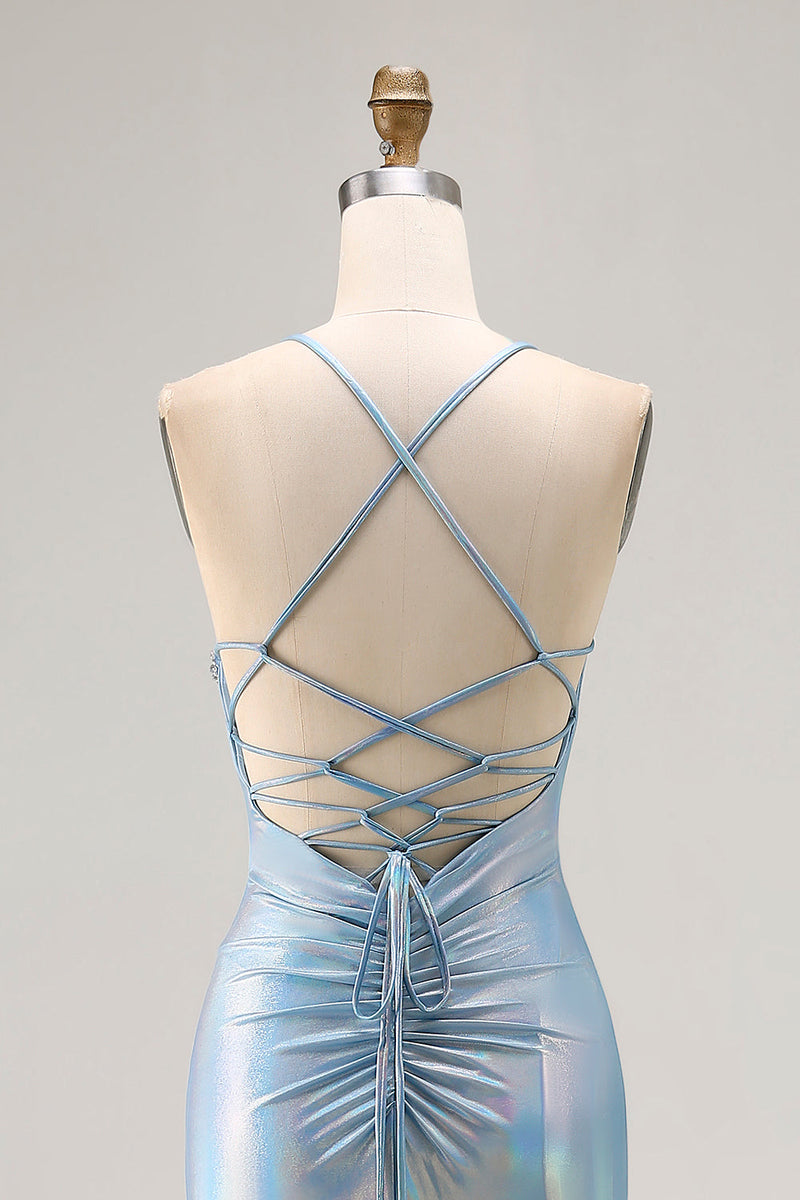 Load image into Gallery viewer, Sparkly Light Blue Metallic Mermaid Ruched Long Prom Dress