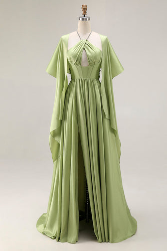 Sage Green A Line Keyhole Long Corset Prom Dress with Slit