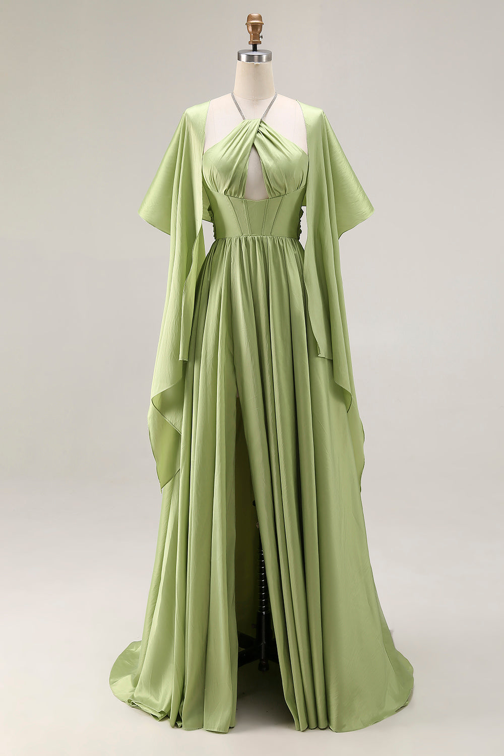 Sage Green A Line Keyhole Long Corset Prom Dress with Slit