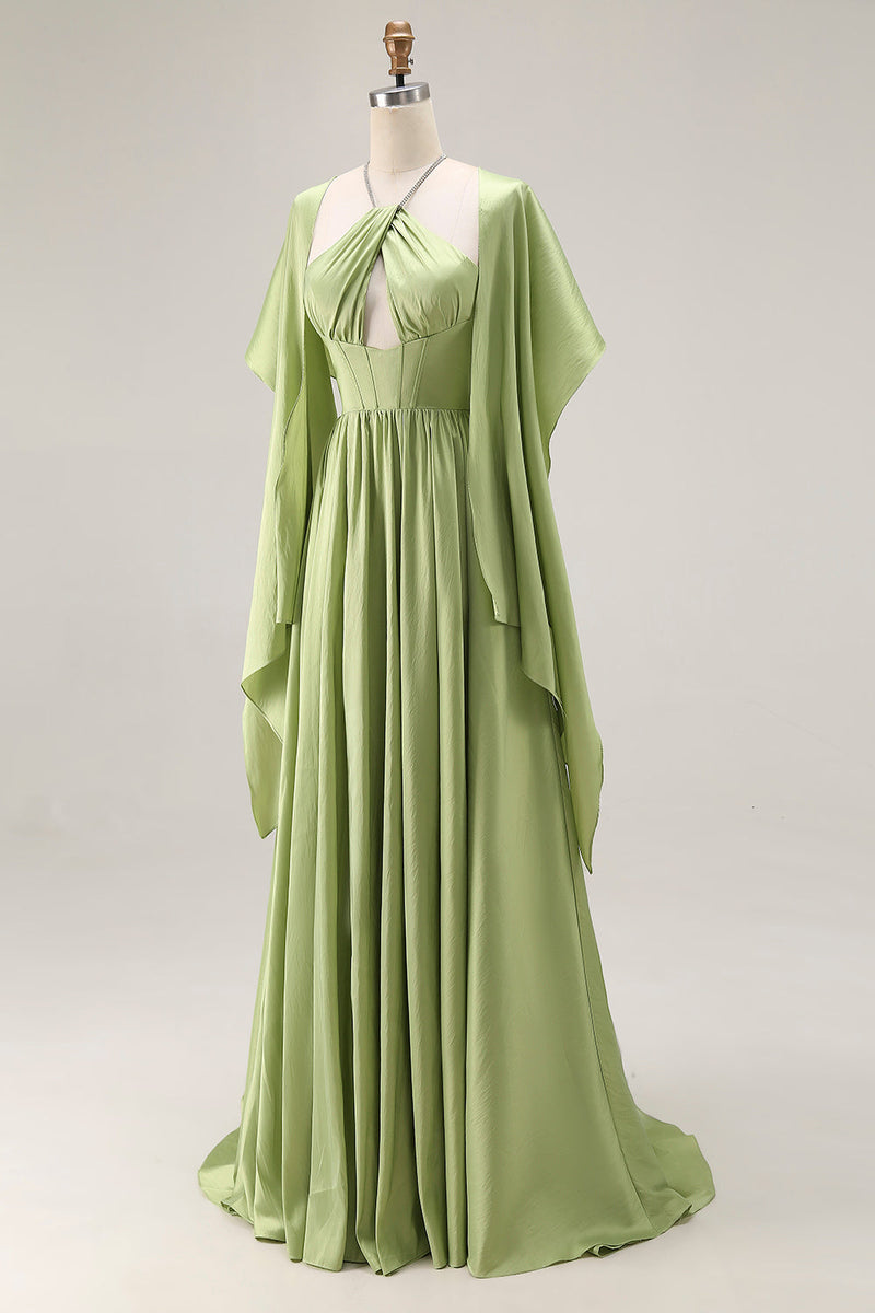 Load image into Gallery viewer, Sage Green A Line Keyhole Long Corset Prom Dress with Slit