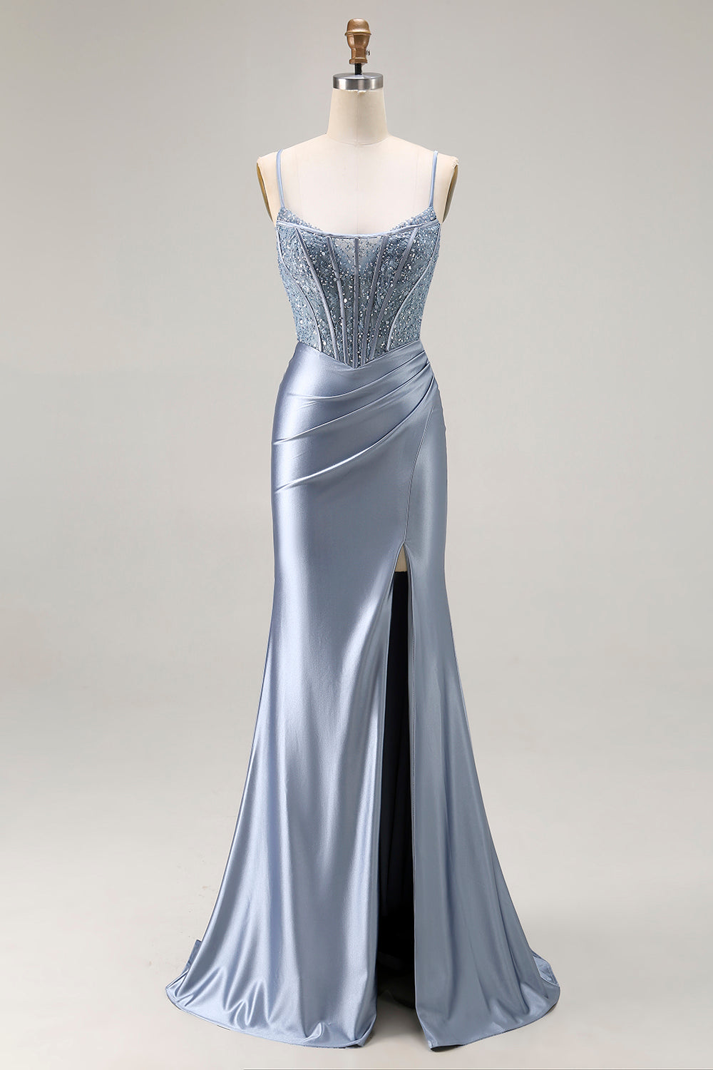 Sparkly Grey Blue Mermaid Long Corset Prom Dress with Beading