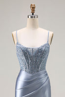 Load image into Gallery viewer, Sparkly Grey Blue Mermaid Long Corset Prom Dress with Beading