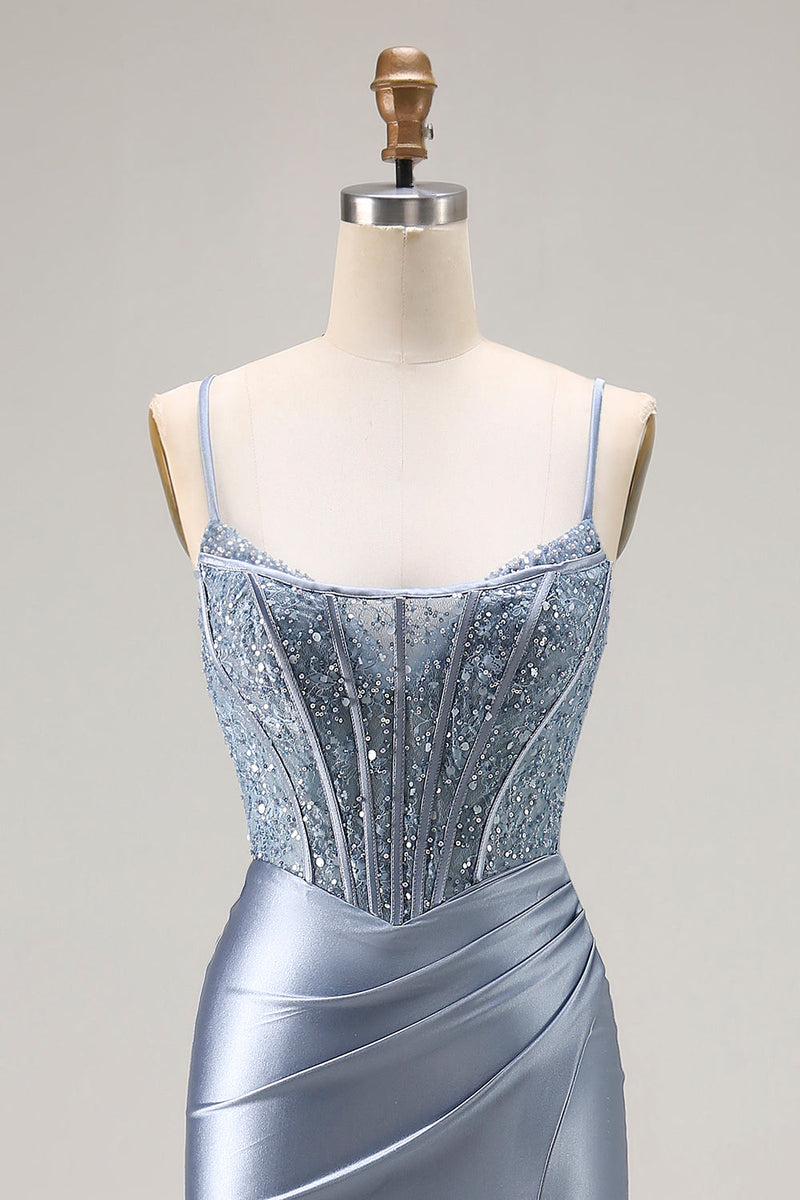 Load image into Gallery viewer, Sparkly Grey Blue Mermaid Long Corset Prom Dress with Beading