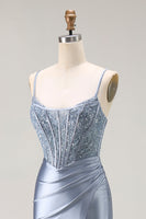 Load image into Gallery viewer, Sparkly Grey Blue Mermaid Long Corset Prom Dress with Beading