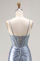 Load image into Gallery viewer, Sparkly Grey Blue Mermaid Long Corset Prom Dress with Beading