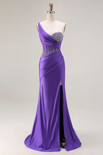 Sparkly Dark Purple One Shoulder Long Corset Prom Dress with Beading