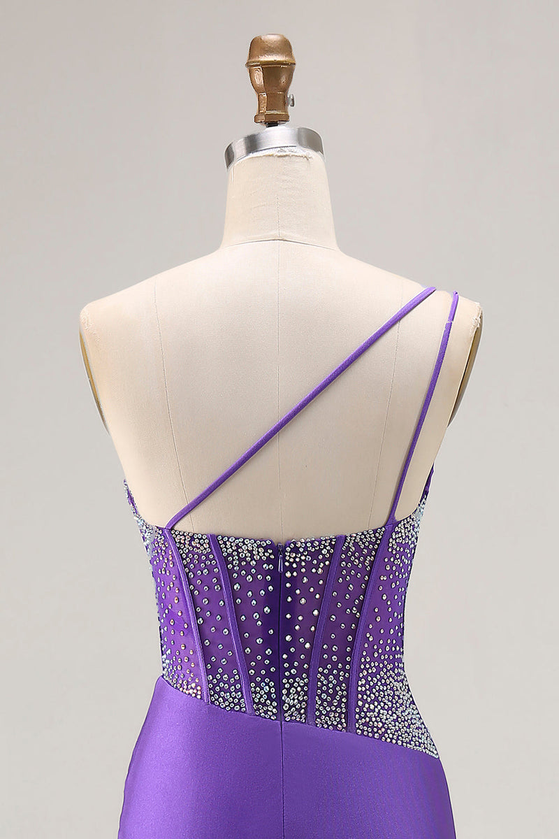 Load image into Gallery viewer, Sparkly Dark Purple One Shoulder Long Corset Prom Dress with Beading