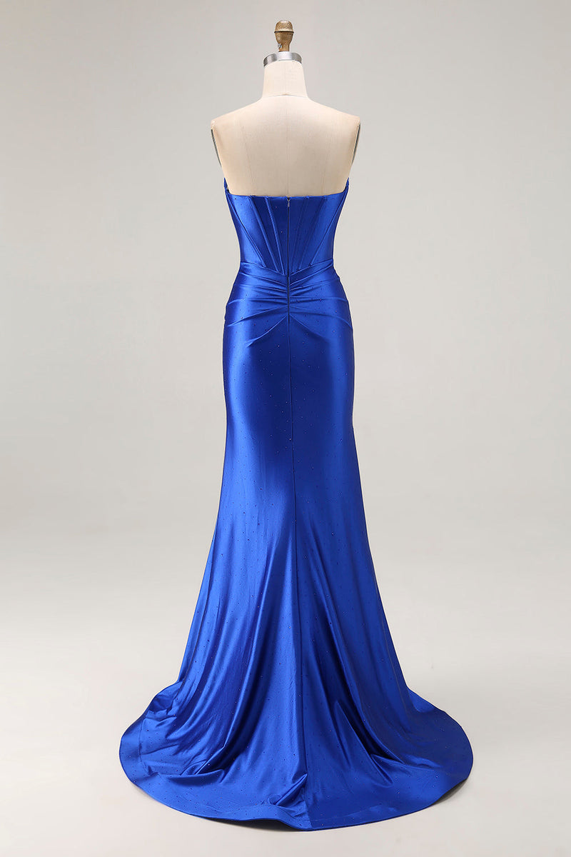 Load image into Gallery viewer, Sparkly Royal Blue Mermaid Satin Corset Long Prom Dress with Slit