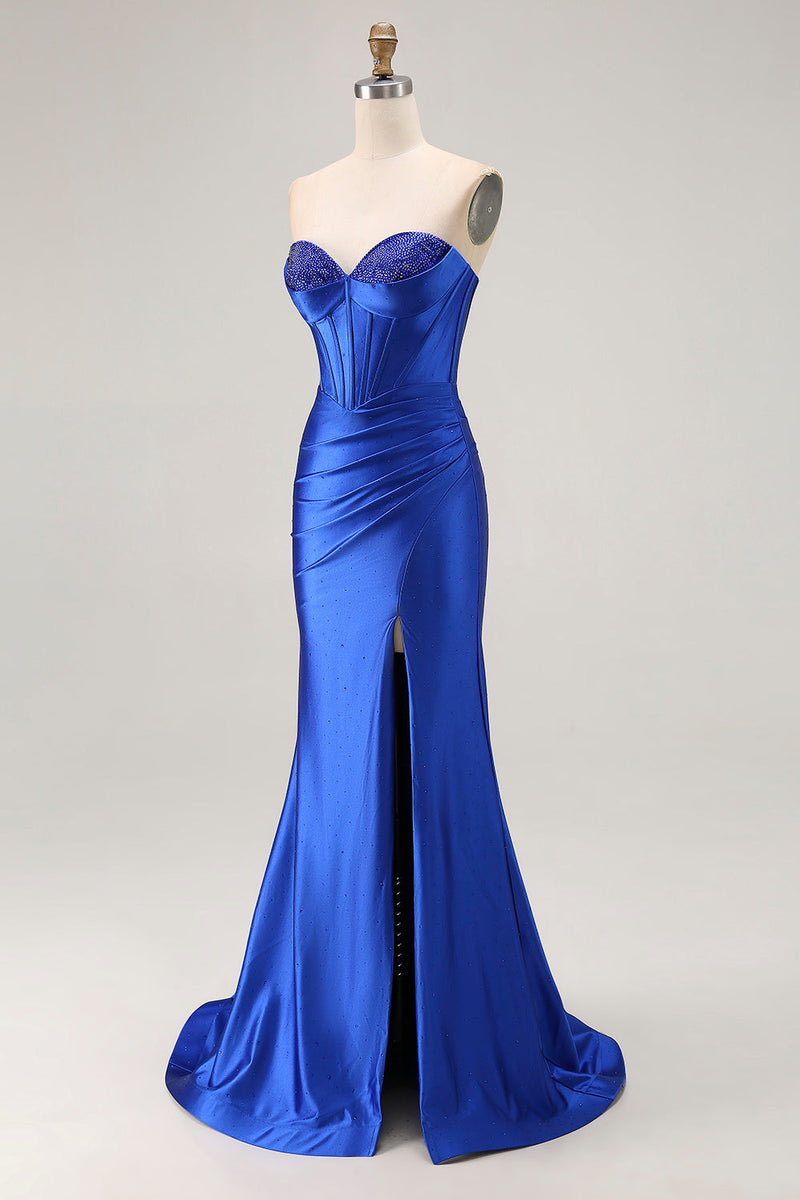 Load image into Gallery viewer, Sparkly Royal Blue Mermaid Satin Corset Long Prom Dress with Slit