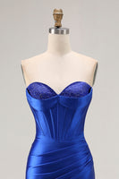 Load image into Gallery viewer, Sparkly Royal Blue Mermaid Satin Corset Long Prom Dress with Slit