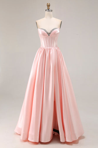 Sparkly Pink A Line Sweetheart Satin Long Prom Dress with Slit