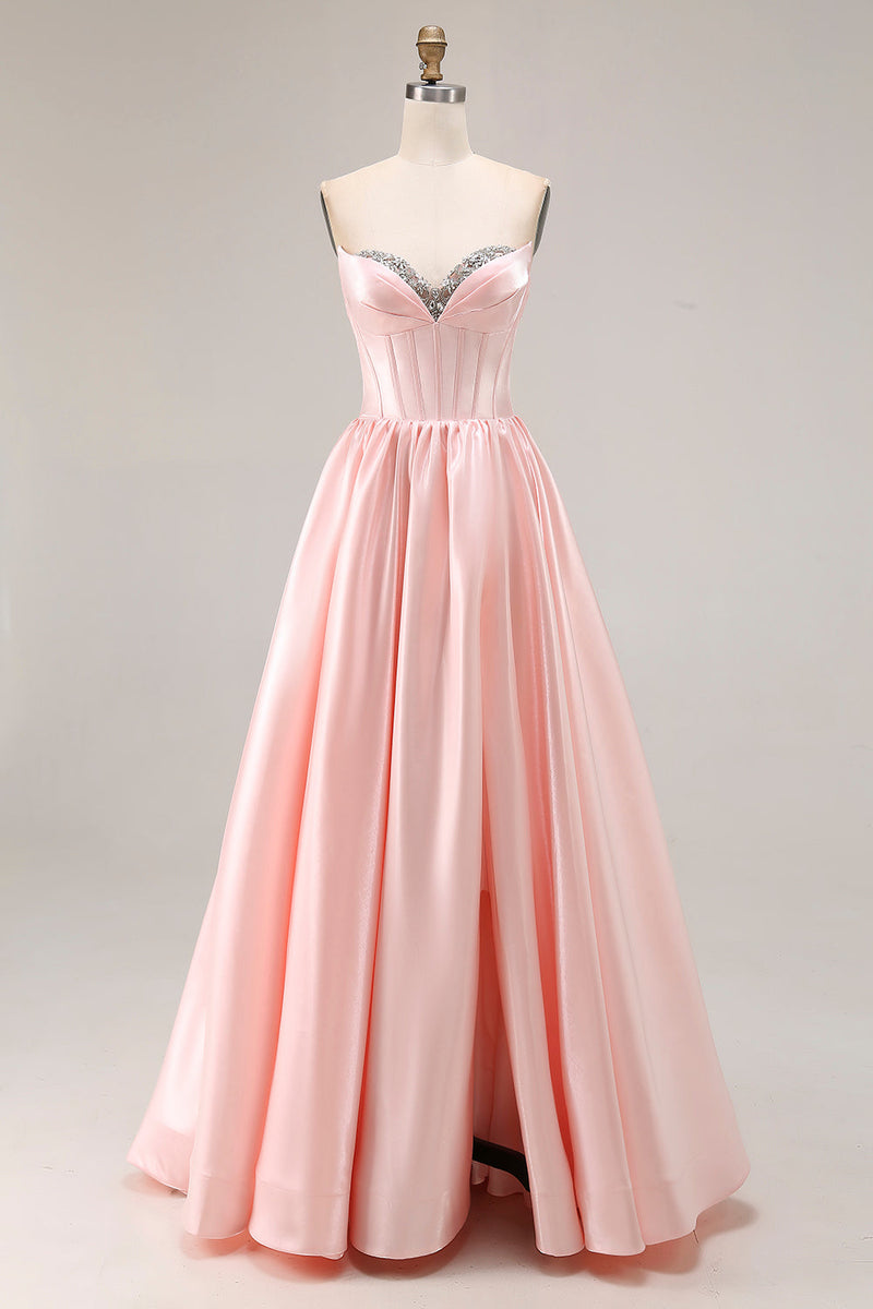 Load image into Gallery viewer, Sparkly Pink A Line Sweetheart Satin Long Prom Dress with Slit