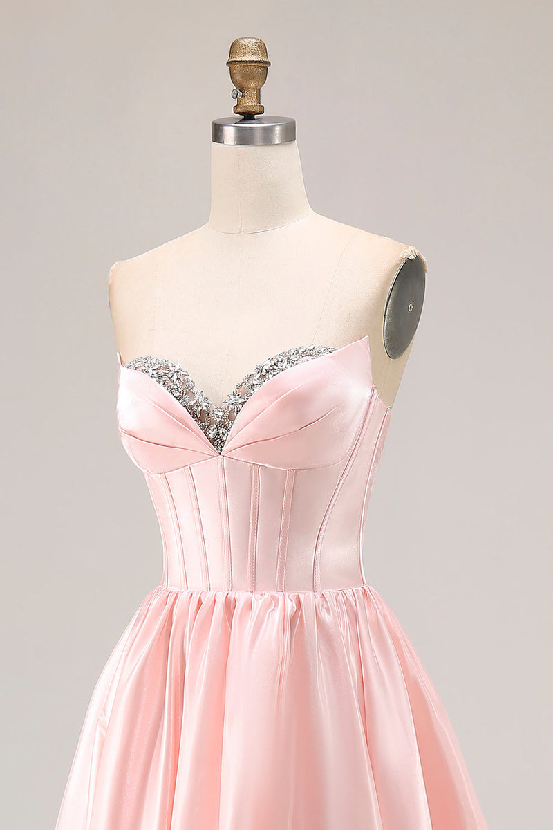 Load image into Gallery viewer, Sparkly Pink A Line Sweetheart Satin Long Prom Dress with Slit