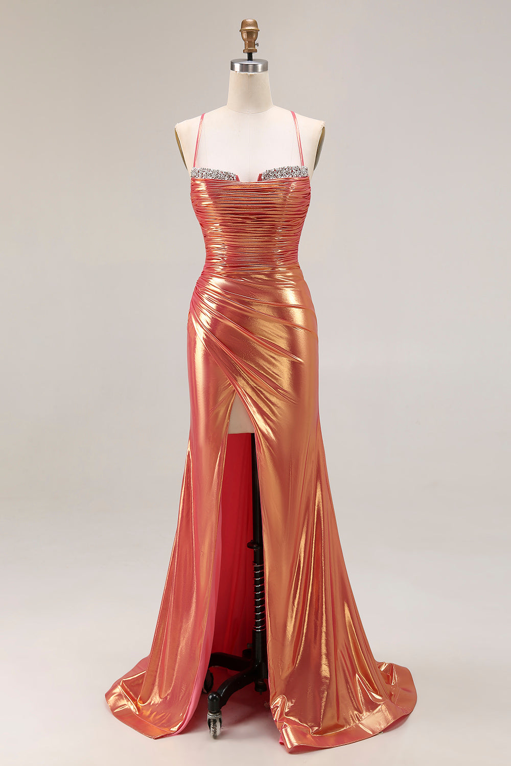 Sparkly Orange Mermaid Metallic Ruched Long Prom Dress with Slit