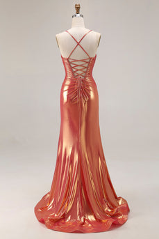 Sparkly Orange Mermaid Metallic Ruched Long Prom Dress with Slit