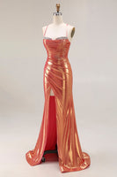 Load image into Gallery viewer, Sparkly Orange Mermaid Metallic Ruched Long Prom Dress with Slit