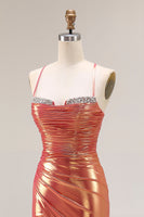 Load image into Gallery viewer, Sparkly Orange Mermaid Metallic Ruched Long Prom Dress with Slit