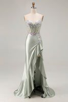 Load image into Gallery viewer, Sparkly Dusty Sage Floral Sweetheart Long Corset Prom Dress