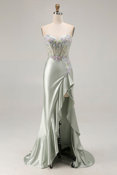 Sparkly Dusty Sage Floral Sweetheart Long Corset Prom Dress