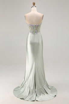 Sparkly Dusty Sage Floral Sweetheart Long Corset Prom Dress