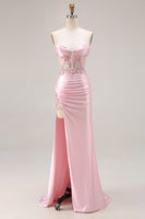 Load image into Gallery viewer, Sparkly Pink Strapless Floral Long Corset Prom Dress with Slit