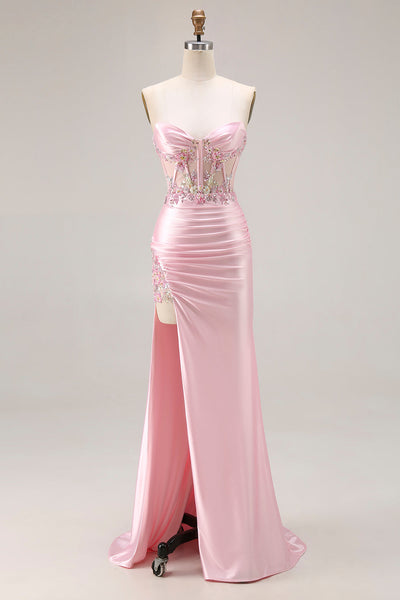 Sparkly Pink Strapless Floral Long Corset Prom Dress with Slit