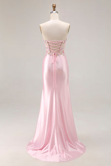 Sparkly Pink Strapless Floral Long Corset Prom Dress with Slit