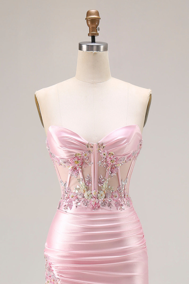 Load image into Gallery viewer, Sparkly Pink Strapless Floral Long Corset Prom Dress with Slit
