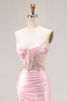 Load image into Gallery viewer, Sparkly Pink Strapless Floral Long Corset Prom Dress with Slit