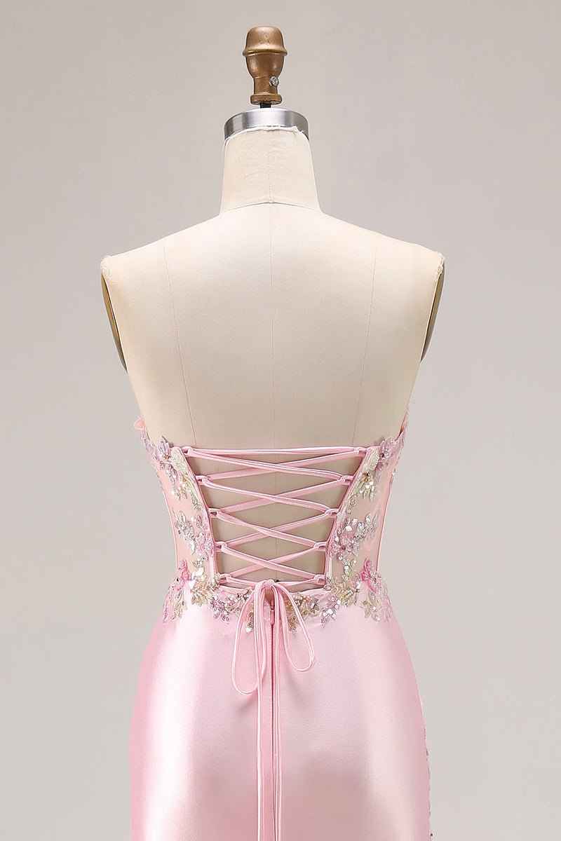 Load image into Gallery viewer, Sparkly Pink Strapless Floral Long Corset Prom Dress with Slit