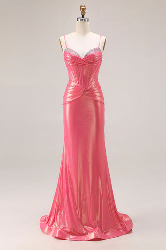 Sparkly Watermelon Metallic Long Corset Prom Dress with Beading