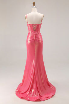 Sparkly Watermelon Metallic Long Corset Prom Dress with Beading