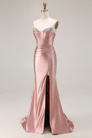Load image into Gallery viewer, Sparkly Dusty Rose Mermaid Beaded Long Corset Prom Dress with Slit