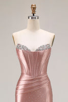 Load image into Gallery viewer, Sparkly Dusty Rose Mermaid Beaded Long Corset Prom Dress with Slit
