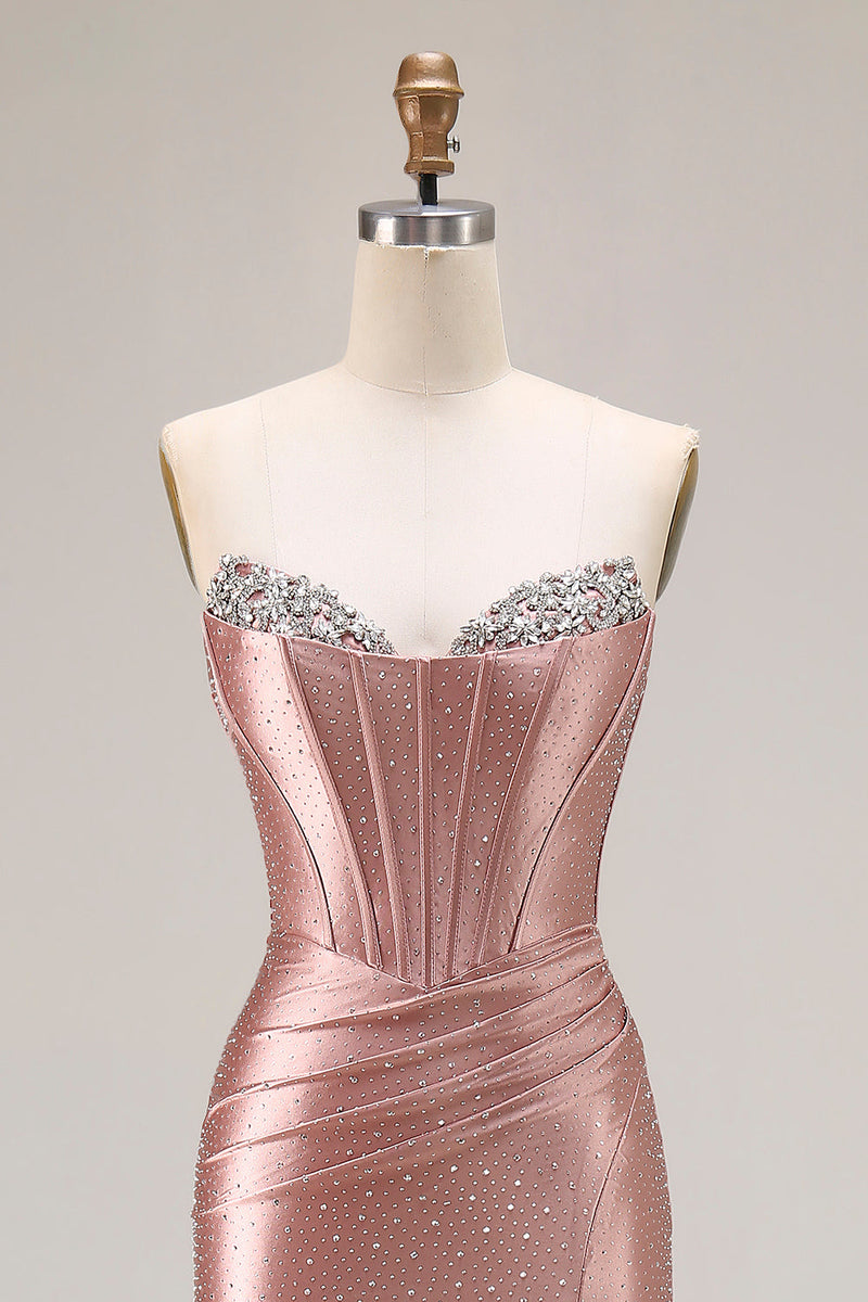 Load image into Gallery viewer, Sparkly Dusty Rose Mermaid Beaded Long Corset Prom Dress with Slit