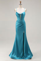 Load image into Gallery viewer, Peacock Blue Satin Mermaid Long Corset Prom Dress with Slit
