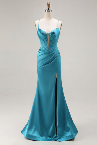Peacock Blue Satin Mermaid Long Corset Prom Dress with Slit