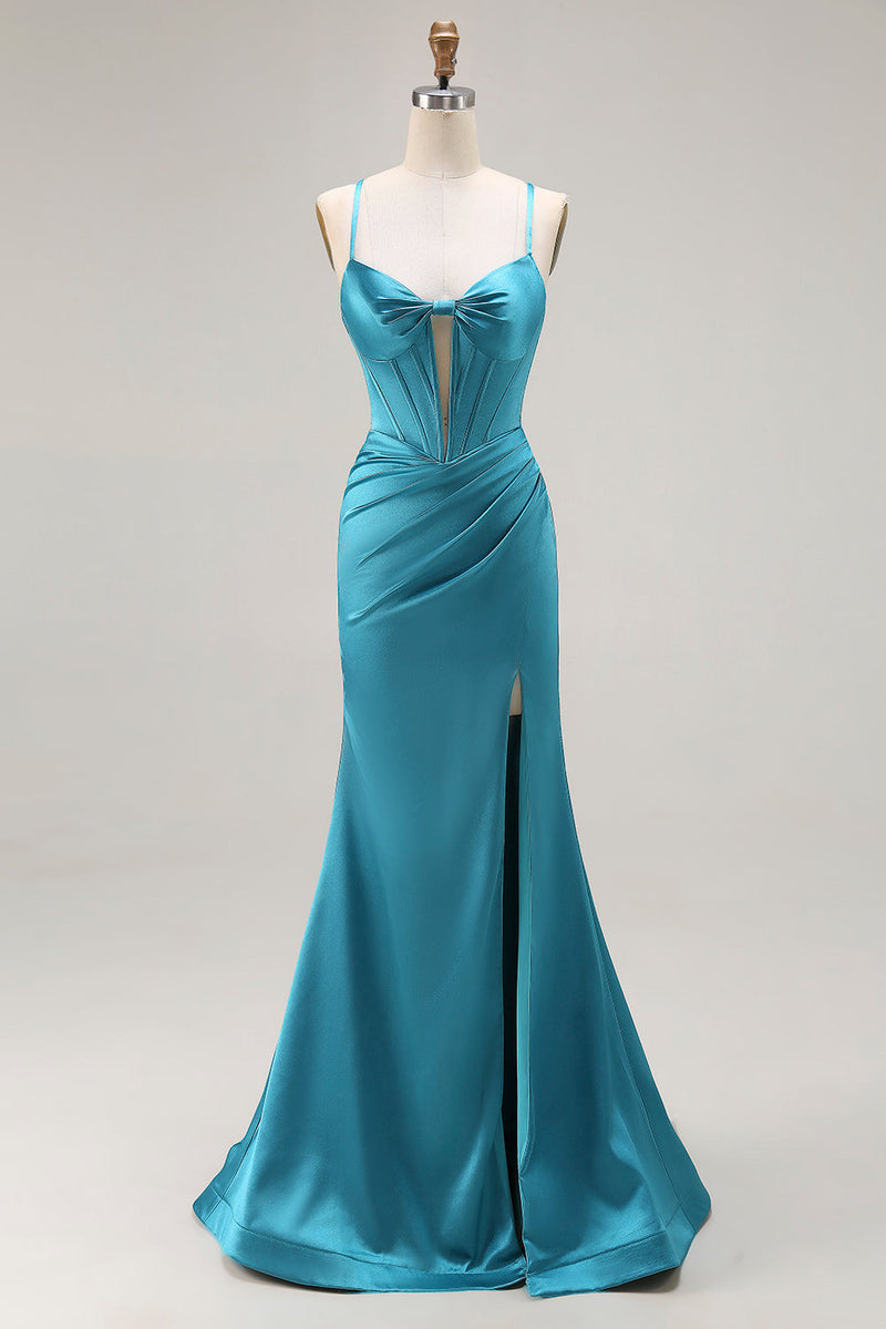 Load image into Gallery viewer, Peacock Blue Satin Mermaid Long Corset Prom Dress with Slit